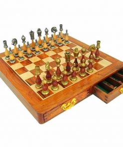 Schachensemble "Arabic Style III" Schachbrett aus goldenem Palisanderholz und Ahorn & Schachfiguren aus Metall und massivem Holz