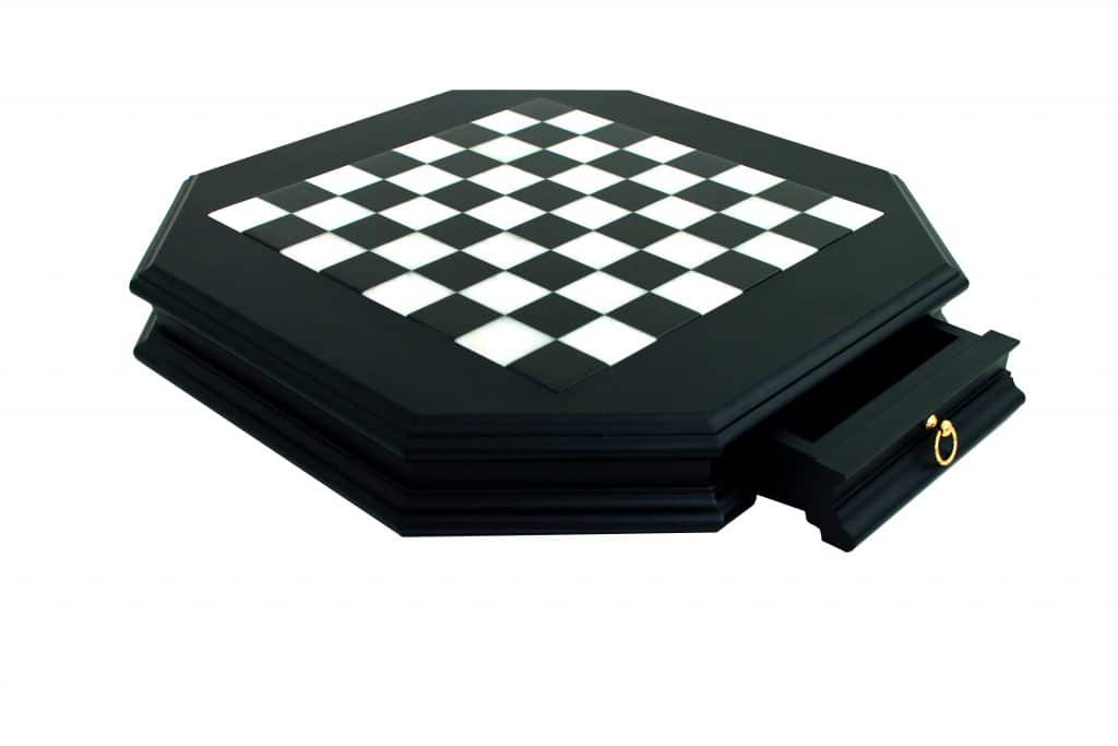 Schachbrett aus Massivholz Schwarz Achteckig mit Schublade KingChess.de