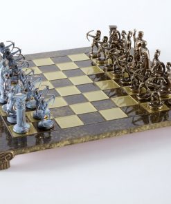 Schachensemble "Bogenschützen X" Großes Schachset Braun/Blau & Schachbrett Gold/Braun