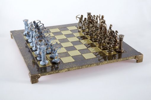 Schachensemble "Bogenschützen X" Großes Schachset Braun/Blau & Schachbrett Gold/Braun
