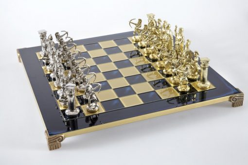 Schachensemble "Bogenschützen V" Großes Schachset Gold/Silber & Schachbrett Blau/Gold