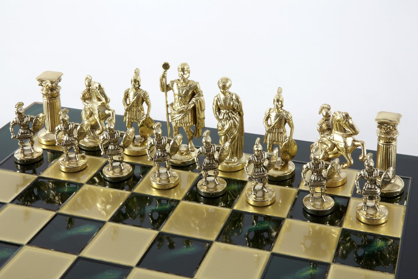 Römisches und griechisches Zeitalter XIV“ Schachspiel Groß Metall Gold und Grün und Schachbrett Grün