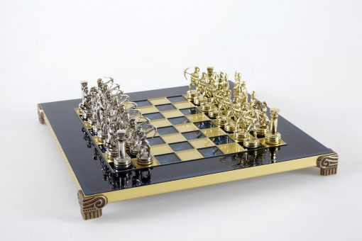Schachensemble "Bogenschützen III" Schachset aus Metall Gold/Silber & Schachbrett Gold/Blau