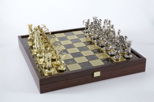 Schachensemble "Bogenschützen XIII" Großes Schachset Gold/Silber & Schachbrett Gold/Braun mit Aufbewahrungsfach