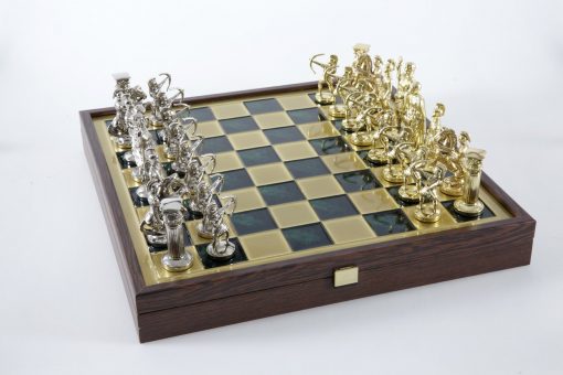 Schachensemble "Bogenschützen XIV" Großes Schachset Gold/Silber & Schachbrett Gold/Grün mit Aufbewahrungsfach