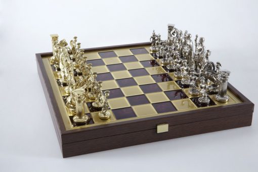 "Römisches und griechisches Zeitalter XXIX" Schachspiel Groß Metall Gold/Silber und Schachbrett Rot/Gold mit Stauraum im Inneren