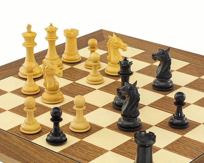 Schach - Brettkasten aus Muschelahorn mit Hornfiguren (weltweit
