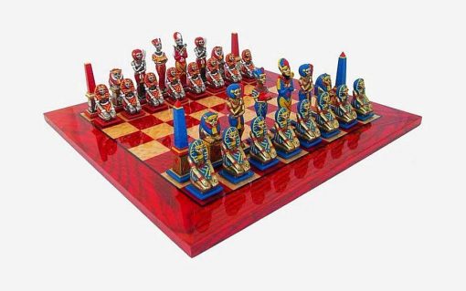 Schachensemble "Ägypten" Schachbrett aus Ahornholz Rot & Schachfiguren aus Metall Handbemalt