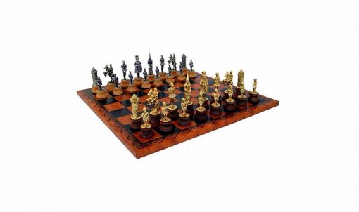 Schachensemble "Camelot König Artus II" Schachbrett aus Kunstleder & Schachfiguren aus Holz und Metall Massiv