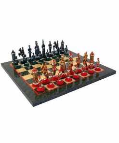 Schachensemble "Camelot König Artus V" Schachbrett aus Ahorn Olivefarben & Schachfiguren aus  Metall Massiv Handbemalt