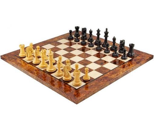 Schachensemble "Canterbury" Schachbrett aus Wurzelholz Lackiert & Schachfiguren aus Ebenholz