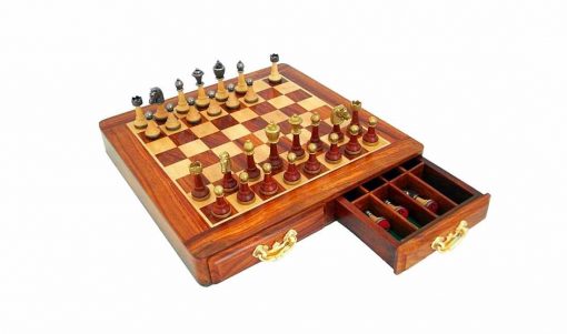 Schachensemble "Classic III" Schachbrett aus goldenem Rosenholz und Ahorn & Schachfiguren aus Holz Massiv und Metall