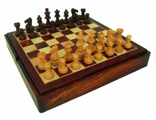 Schachensemble "Classic VIII" Schachbrett aus goldenem Rosenholz mit integriertem Aufbewahrungsfach & Schachfiguren aus vergoldetem Rosenholz