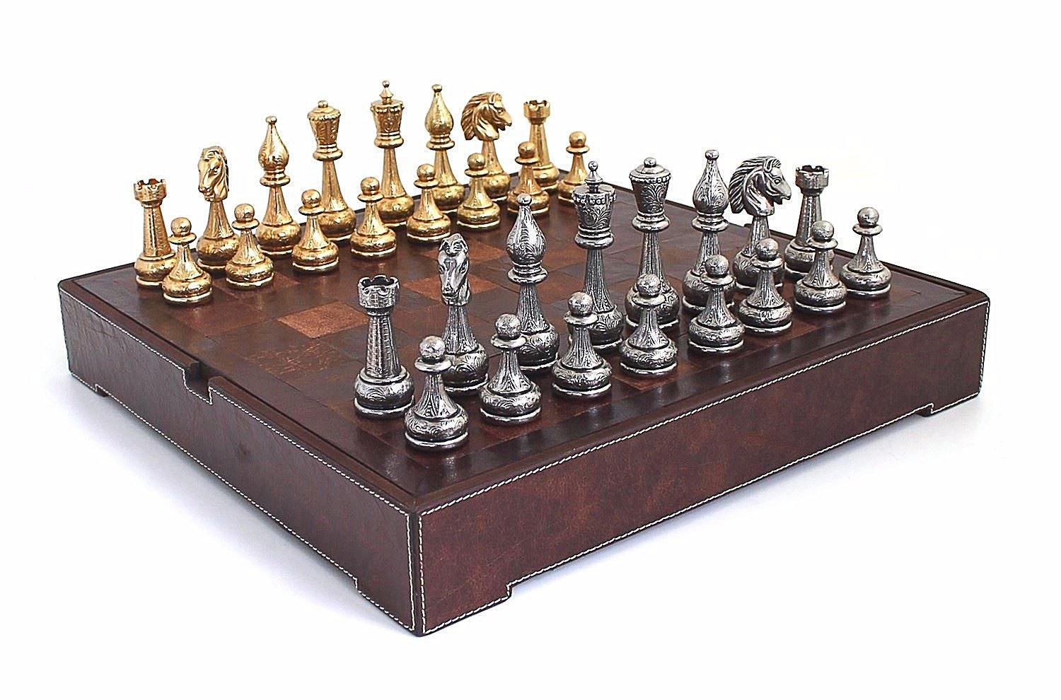 Schachensemble „Flowered“ Schachbrett aus echtem Leder und Schachfiguren aus Metall Massiv Gold-/Silberbeschichtung