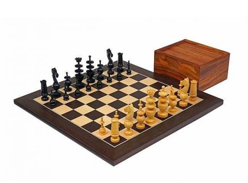 Schachensemble "Französische Regentschaft" Schachbrett aus Wengeholz & Schachfiguren aus ebonisiertem Buchsbaumholz