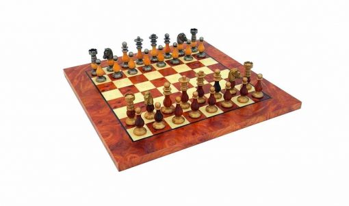 Schachensemble "Französischer Stil III" Schachbrett aus Ulmen- und Bruyèreholz & Schachfiguren aus Holz und Messing