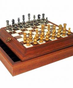 Schachensemble "Französischer Stil" Schachbrett aus Holz Massiv und Spielbrett aus Alabaster mit Aufbewahrungsfach & Schachfiguren aus Messing Massiv