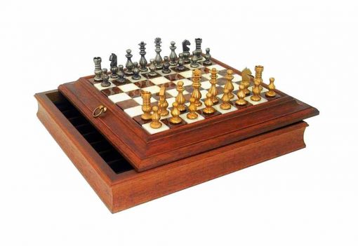 Schachensemble "Französischer Stil" Schachbrett aus Holz Massiv und Spielbrett aus Alabaster mit Aufbewahrungsfach & Schachfiguren aus Messing Massiv