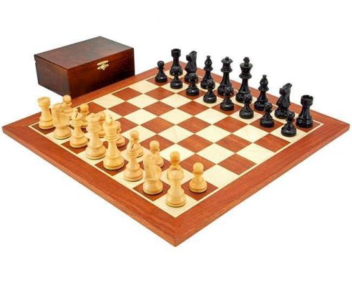 Schachensemble "French Knight Black" Schachbrett aus Mahagoni und Ahorn