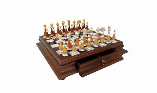 Schachensemble "Large Oriental" Schachbrett mit Standfüßen aus Holz Massiv und Spielbrett aus toskanischem Alabaster mit Schublade & Schachspiel aus Holz und Messing Gold-/Silberbeschichtung