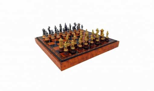 Schachensemble "Maria Stuart II" Schachbrett aus Kunstleder & Schachfiguren aus Holz und Metall Massiv