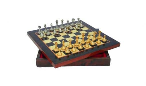Schachensemble "Mignon Blumen II" Schachbrett aus Ulmen- und Bruyèreholz & Schachfiguren aus Metall Gold-/Silberbeschichtung