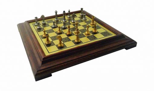 Schachensemble "Mignon Blumen III" Schachbrett mit Standfüßen aus Holz Massiv Messingeffekt und Schachfiguren aus Metall Massiv