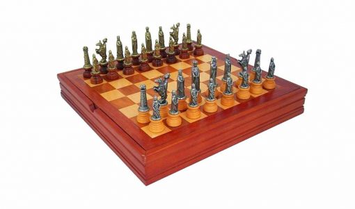 Schachensemble "Mittelalter II" Schachbrett aus Massivholz & Schachfiguren aus Holz und Metall Massiv