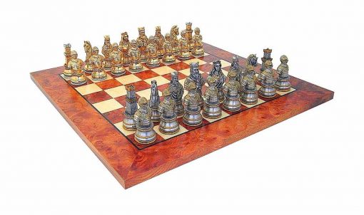 Schachensemble "Mittelalterliche Büste Luxusausführung" Schachbrett aus Ulme und Bruyèreholz & Schachfiguren aus Zinn Massiv mit Gold-und Silberbeschichtung