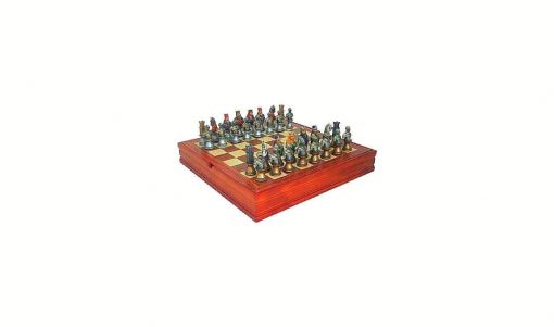 Schachensemble "Mittelalterliche Büste" Schachbrett aus Ahorn- und Nussbaumholz & Schachfiguren aus Kunstharz Handbemalt