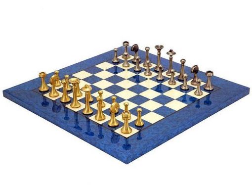 Schachensemble "Modern Blau" Schachbrett aus Ahornholz & Schachfiguren aus Messing Massiv