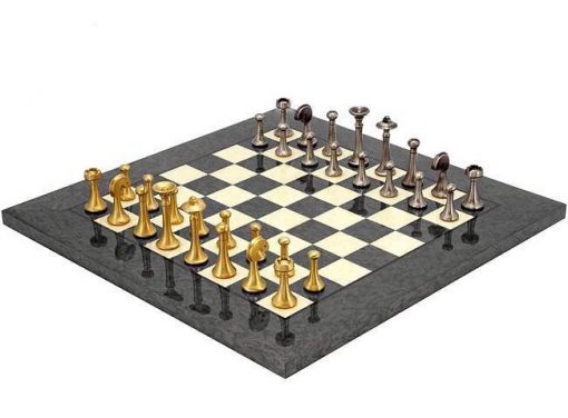 Schachensemble "Modern Grau" Schachbrett aus Ahorn & Spielfiguren aus Messing Massiv