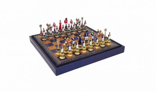 Schachensemble "Napoleon III" Schachbrett aus Kunstleder & Schachfiguren aus Metall Massiv Handbemalt