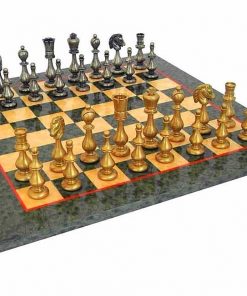 Schachensemble "Oriental Grün" Schachbrett aus Ahornholz Olivefarben & Schachfiguren aus Messing