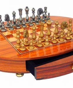 Schachensemble "Oriental Rosenholz" Schachbrett Oval aus Rosenholz Massiv & Schachfiguren aus Messing Massivf