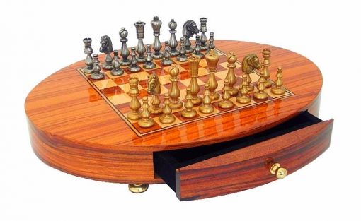 Schachensemble "Oriental Rosenholz" Schachbrett Oval aus Rosenholz Massiv & Schachfiguren aus Messing Massivf