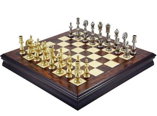 Schachensemble "Oriental" Schachbrett aus Nussbaum- und Ahornholz mit Aufbewahrungsfach & Schachfiguren aus Messing