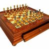 Schachensemble "Oriental Ulme" Schachbrett mit Standfüßen und Aufbewahrungsschublade & Schachfiguren aus Holz und Messing Massiv