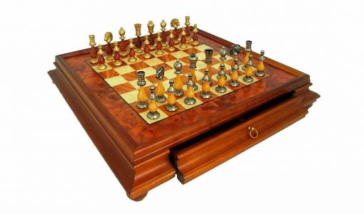 Schachensemble "Oriental Ulme" Schachbrett mit Standfüßen und Aufbewahrungsschublade & Schachfiguren aus Holz und Messing Massiv