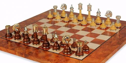 Schachensemble "Persien Luxusausführung" Schachbrett aus Ulmen- und Ahornholz & Schachfiguren aus Holz und Messing Massiv Gold-/Silberbeschichtung
