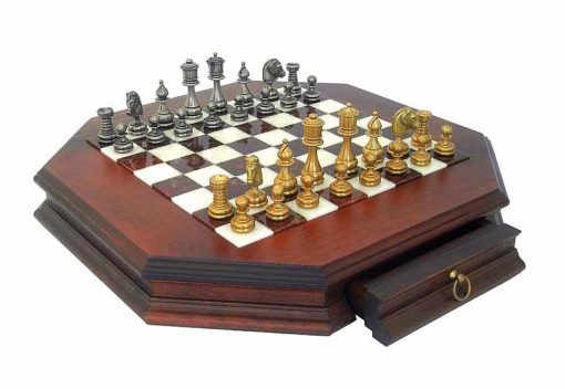Schachensemble "Persien Superior" Schachbrett Achteckig aus Massivholz mit Aufbewahrungsschublade
