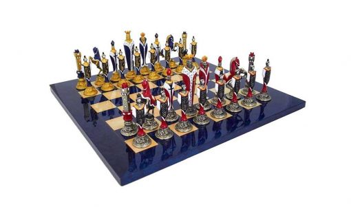 Schachensemble "Renaissance Luxusausführung" Schachbrett aus Ahornholz Lackiert Blau & Schachfiguren aus Metall Handbemalt