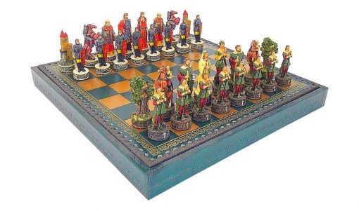 Schachensemble "Robin Hood" Schachbrett aus Kunstleder & Schachfiguren aus Kunstharz Handbemalt