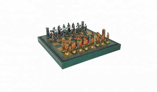 Schachensemble "Römer gegen Barbaren Farbe" Schachbrett aus Kunstleder & Schachfiguren aus Metall Massiv Handbemalt