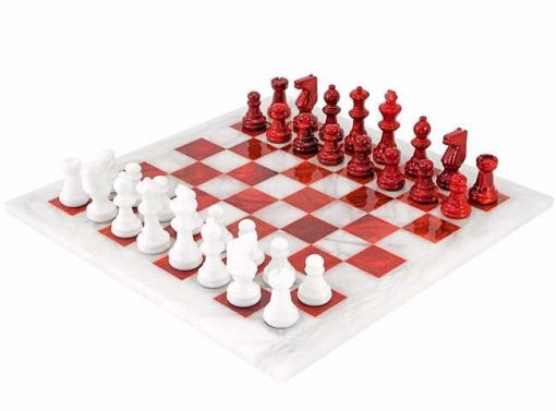 Schachensemble "Rot und Weiß" Schachbrett und Schachfiguren aus Marmot Antik