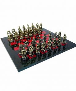 Schachensemble "Samurai" Schachbrett aus Bruyèreholz Bemalt & Schachfiguren aus Metall Massiv