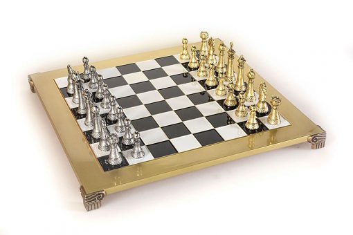 Schachensemble "Staunton Design II" Große Schachfiguren aus Metall Gold/Silber und Schachbrett Gold