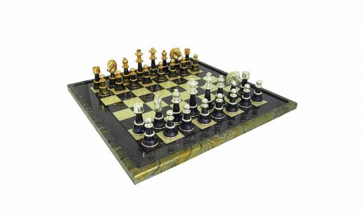 Schachensemble "Staunton Fantasy XL" Schachbrett aus Ahornholz Grün & Schachfiguren aus Messing und Holz Gold-/Silberbeschichtung