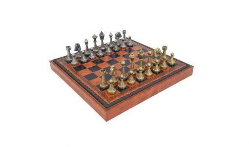 Schachensemble "Staunton Mix" Schachbrett aus Kunstleder mit integriertem Aufbewahrungsfach & Schachfiguren aus Metall Massiv
