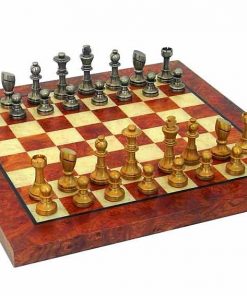 Schachensemble "Staunton Piccolo" Schachbrett aus Ulmen- und Bruyèreholz & Schachfiguren aus Messing Massiv